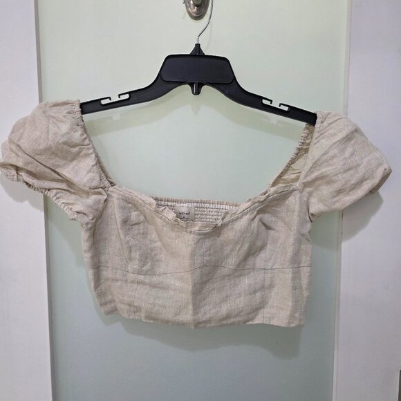 Wilfred Tops - Wilfred Women’s Tan Linen Crop Top – Size M – Organic 100% Linen Puff Sleeve